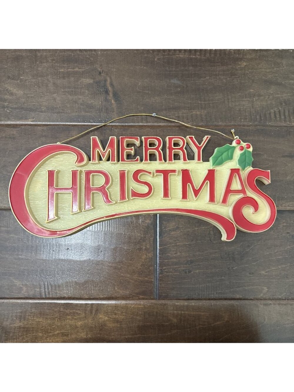 Vintage Merry Christmas Plastic Mold Hanging Sign 15" x 5" Woodgrain